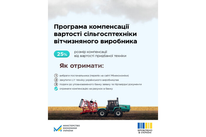 Часткова компенсація вартості української  с/г техніки та обладнання з державного бюджету у 2024 році